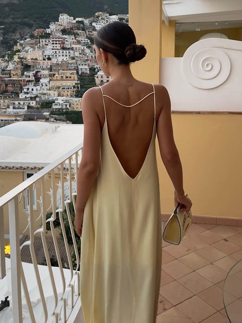 Commense Pale Yellow Backless Slip Dress
